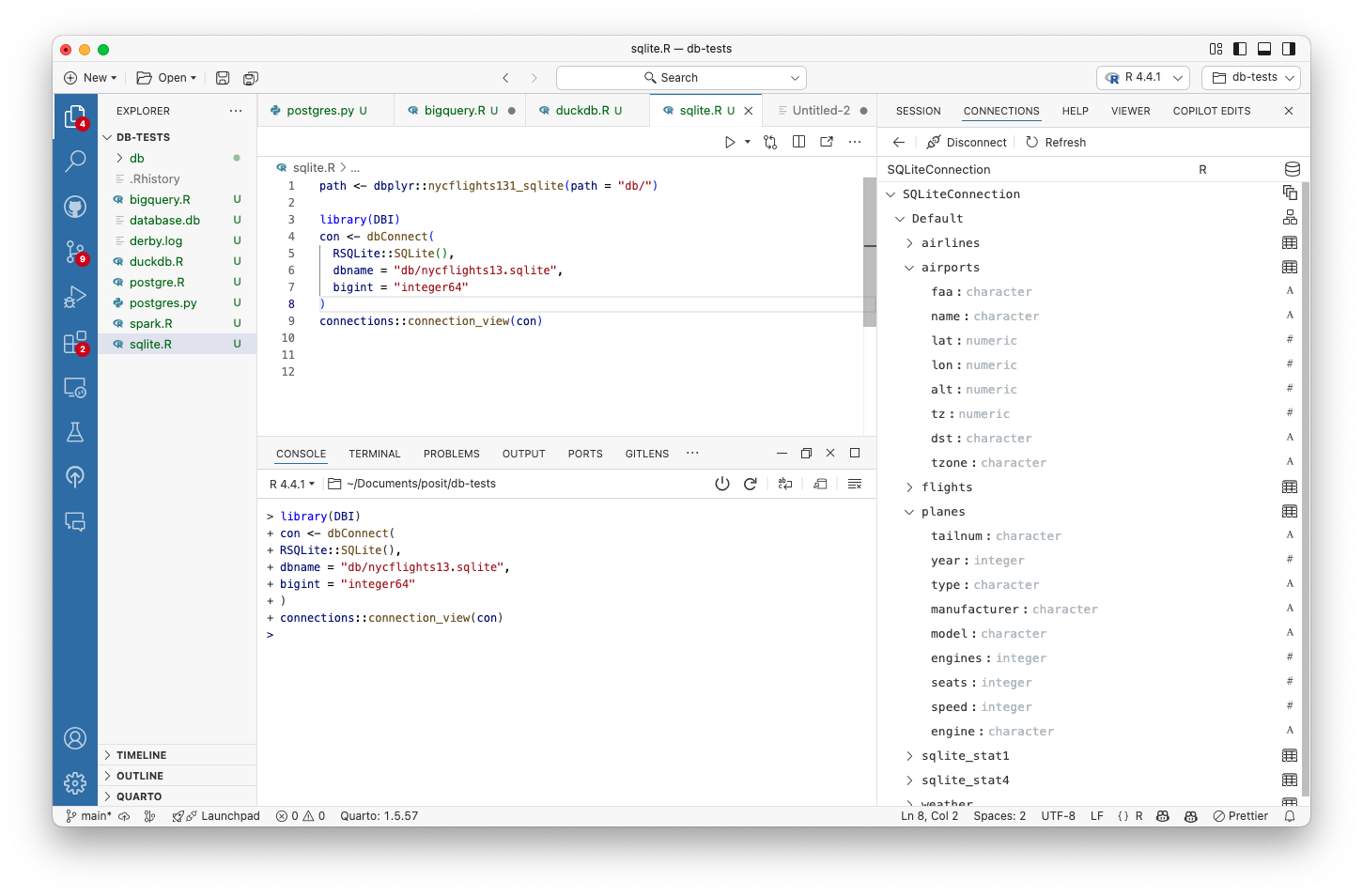 Connections Pane showing database schema, tables, and columns