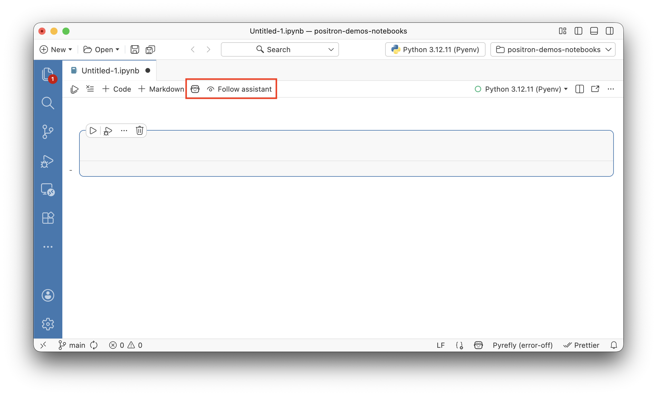 The Positron Notebook Editor action bar showing the Assistant button and Follow Assistant toggle.
