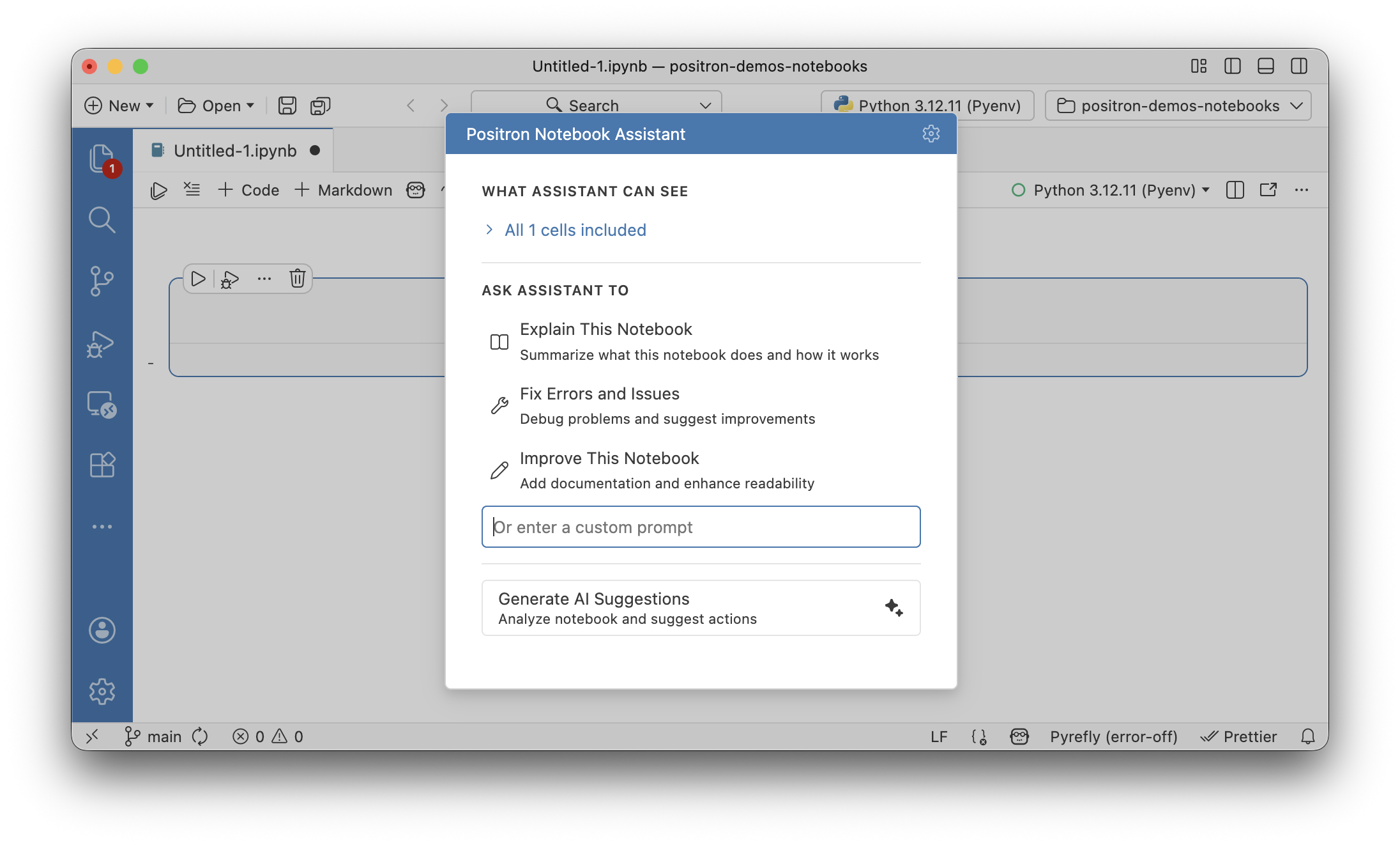 The Notebook Assistant panel showing the cells included in the context, quick actions to fix, explain, or improve the current notebook, and an action to generate AI suggestions based off the current state of the notebook.