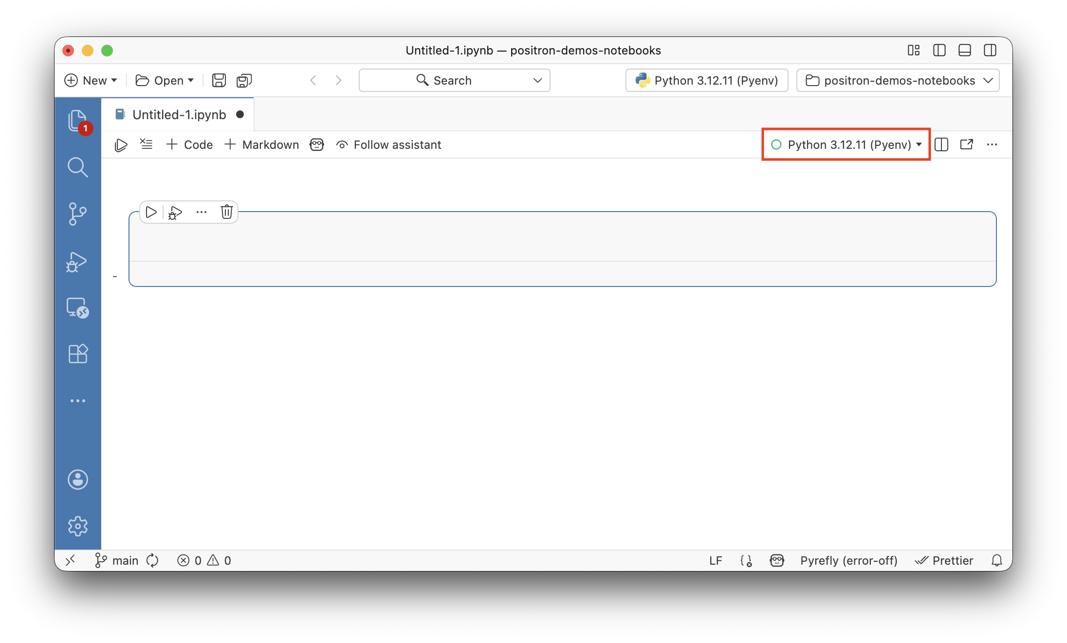 The Positron Notebook Editor action bar with the kernel selector highlighted, showing Python 3.12.11 as the selected interpreter.