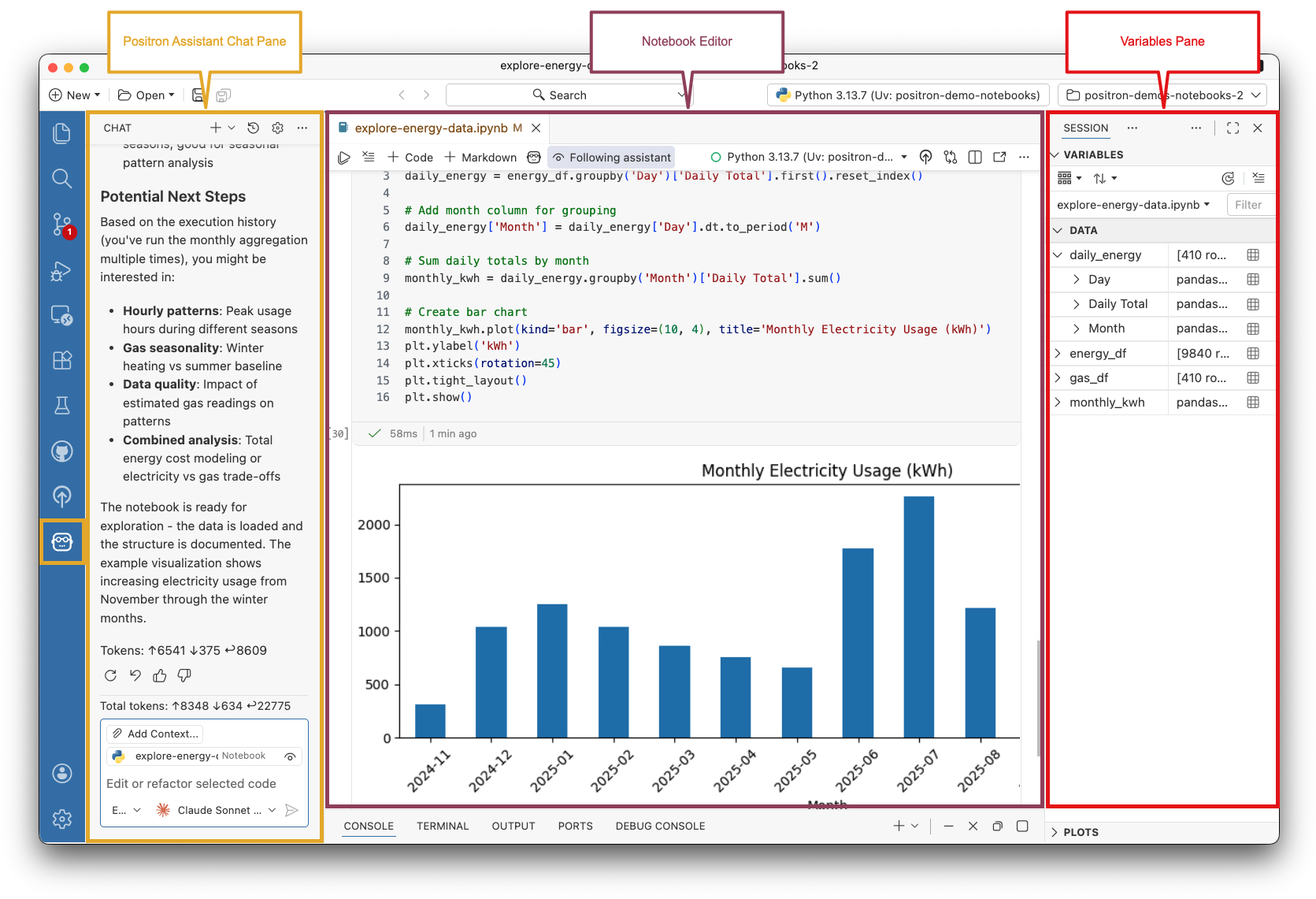 The Positron IDE in Notebook layout showing the Positron Assistant chat pane to the left, the notebook editor in the center, and the Variables Pane to the right.