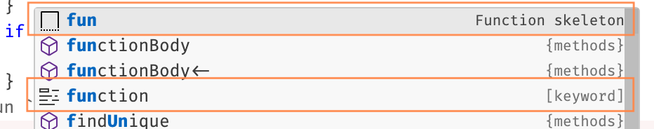 Completion list with rectangles highlighting two entries for the function reserved word, one as a bare keyword completion and another as a snippet